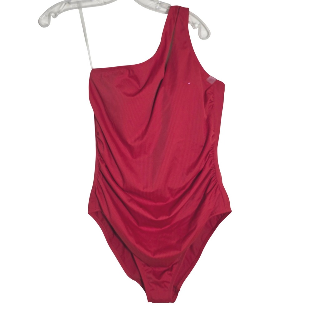 NWT Shade & Shore One Piece Swimsuit Womens 18 Red Ribbed One Shoulder Ruched